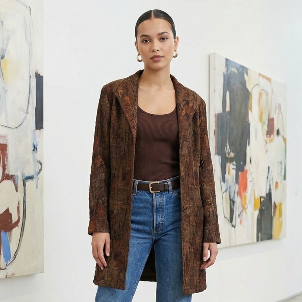 Coldwater Creek Crinkle Art Jacket M Bronze Brown Abstract 3/4 Length